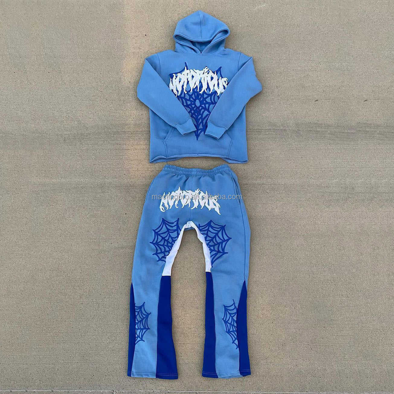 Custom Size Y2K Cut Raw Hem Hoodie and Sweatpants Set for Men's Streetwear in Cotton