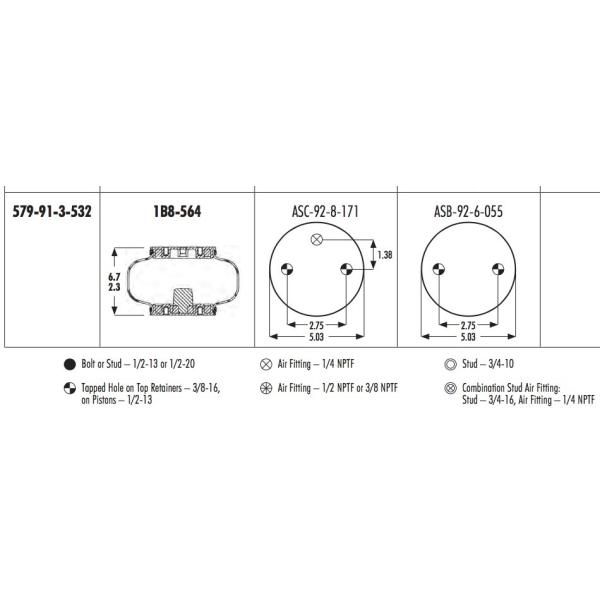 1B8-564 Goodyear Air Spring 579-91-3-532 With Aluminum Plate 3/8-16 Bolts