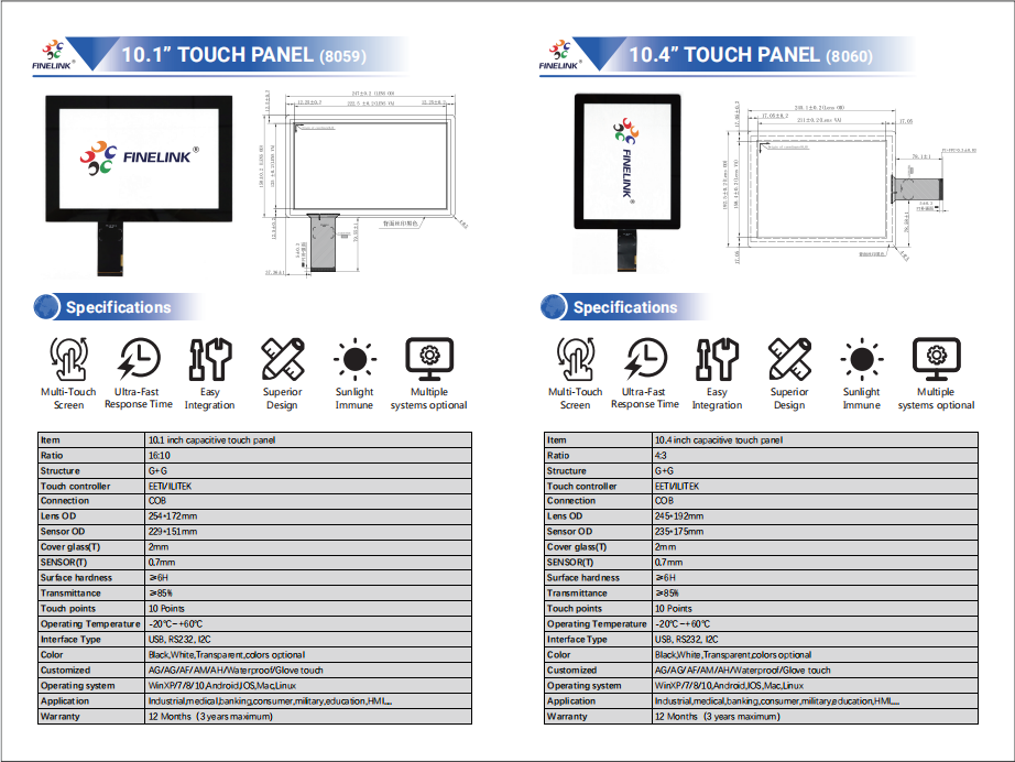 10.1-21.5 Inch G G PCAP Touch Panel Capacitive Touch Panel For Industrial