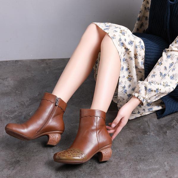 S042 Color matching cowhide boots, women's plus velvet mid-heel boots, women's