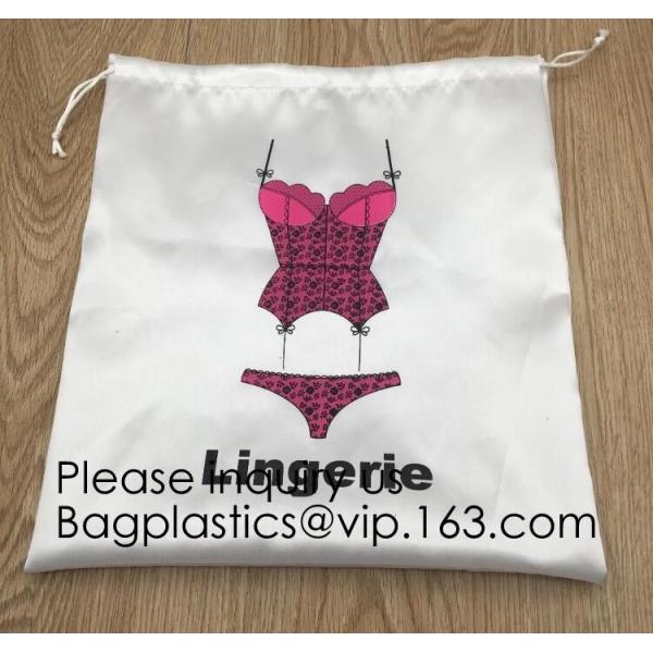 China Customized Drawstring Cup Holder Bag,White Satin Bag With Rose Gold Printing And Ribbon, swimwear, underwear package pac factory