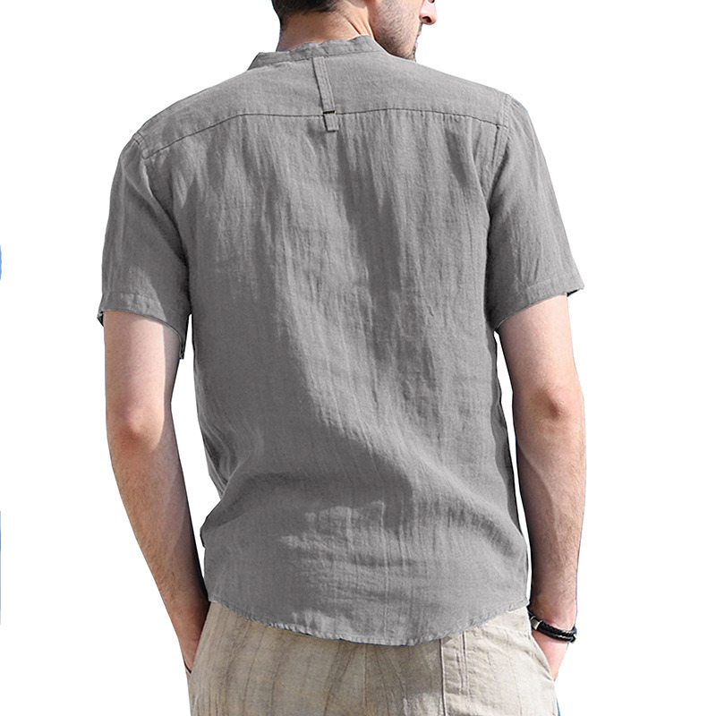 Summer New Stand-up Collar Men&prime;s Linen Shirt Breathable Short Sleeve Cotton Linen Shirt Men