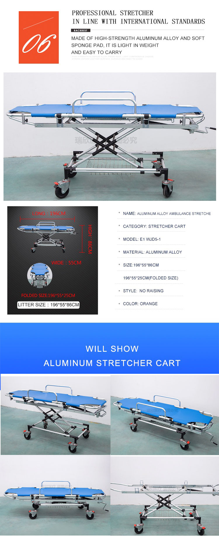 Blue Aluminum Alloy Emergency Ambulance Stretcher Bed For First Aid