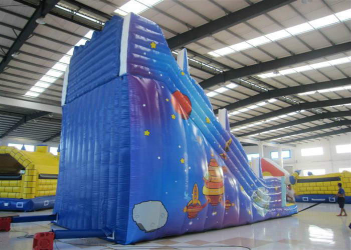 Spaceship themed inflatable high dry slide Top hot sale blue inflatable high slide