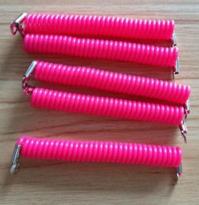 China Custom rose red spring coiled tool lanyard w/metal terminal connectors to fixed location factory