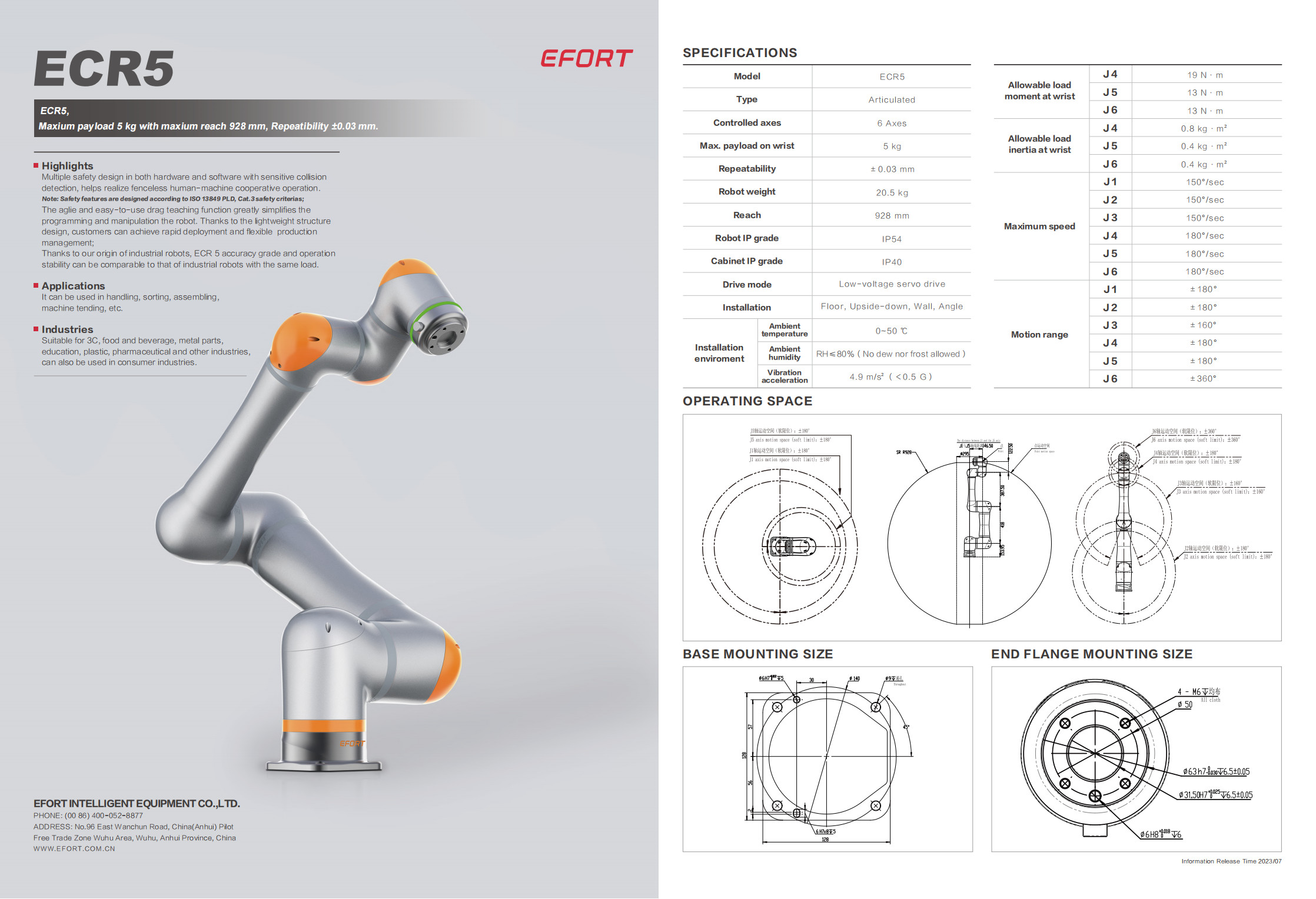 Collaborative robots with drag or self teaching function suitable for 3C electronics ECR5