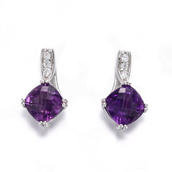 2.18g Sterling Silver Gemstone Stud Earrings Cushion White Gold Amethyst