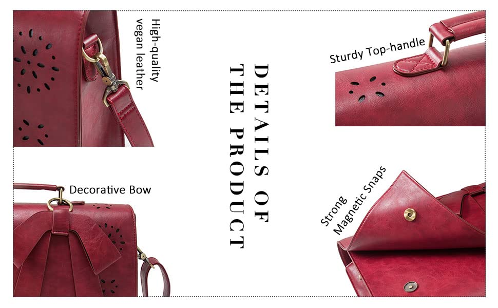 Women'S Vegan Leather Laptop Bag Shoulder Computer Satchel Bag Detachable Bow
