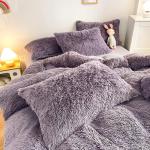 Princess Style Grey Purple Shaggy Warm Mink Velvet Crystal Duvet Cover Set for