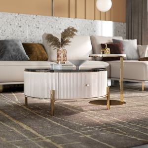 P2 MDF Body Round Coffee Table With Storage Marble Texture ISO Certificated