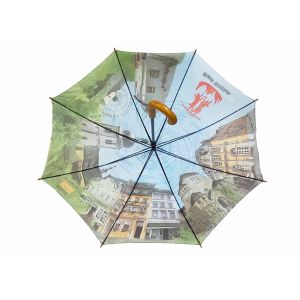 Customized Printed Auto Open Stick Umbrella Curved Handle Unique Canopy