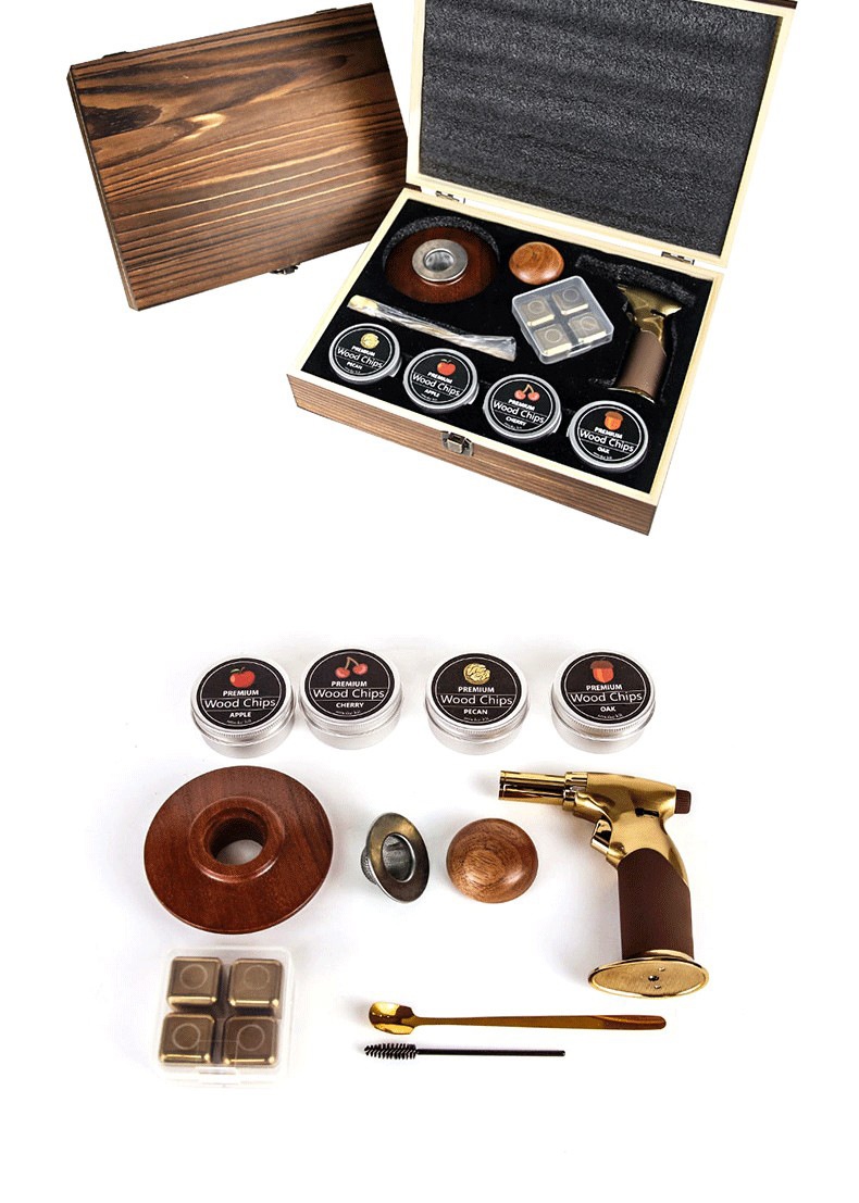 Hot Sale Modern Design Metal Whiskey Smoker Set with Disposable Wooden Cocktail Shaker Bar Tool Set Hot Gift Box Wholesale
