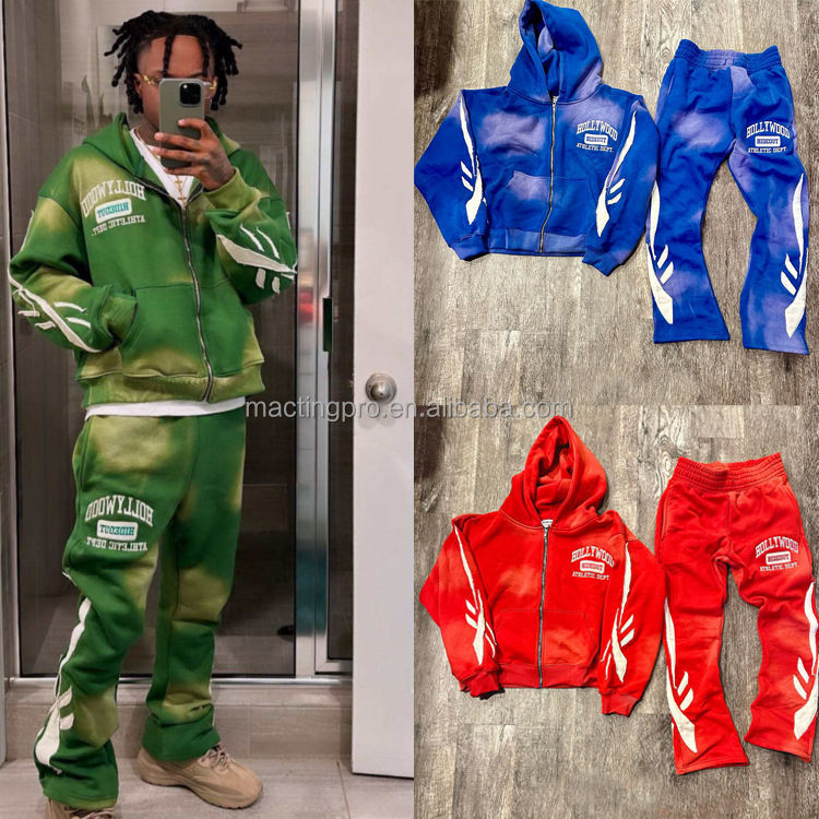 Gender-Neutral Men's Acid Wash Zipper Tracksuit 2 Piece Set with Hoodies and Sweatpants