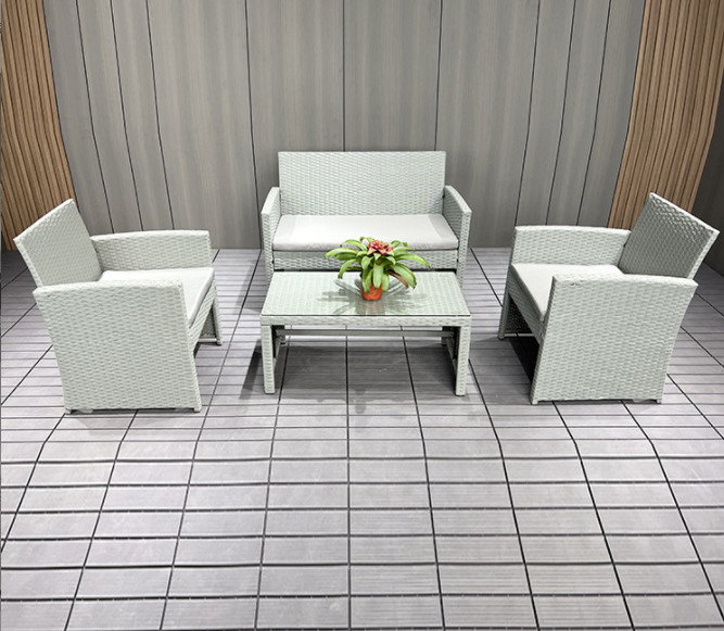 White Rattan Superior Garden Patio Set 4pc Wide Armrest Sofa Set Chair Table Set
