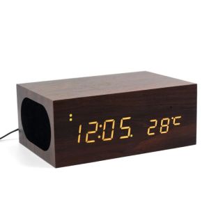 Wood Qi Charger Bluetooth Stereo Speaker , Double USB NFC Alarm with Thermometer
