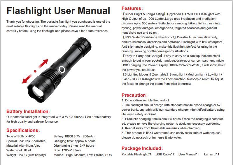 Tactical High Lumen LED USD Rechargeable Flashlight