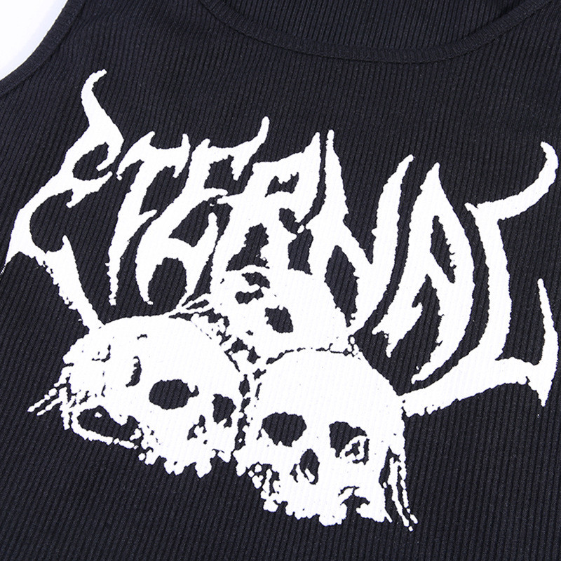 Skull Print Women Crop Top Shirt U Collar Contrasting Color