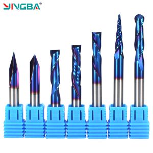 China 1/4*2-1/2 HRC65 2 Flute Nano Blue Coating CNC Router Bit Sets Solid Carbide Endmill for Wood Carving Bit Set factory