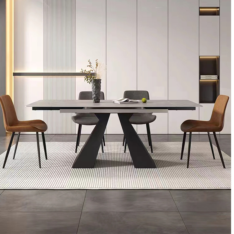 Rectangular Black Ceramic Extending Dining Table , Marble Metal Base Dining