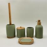 Green color Polyresin Bath Accessory Set round shape with wooden parts