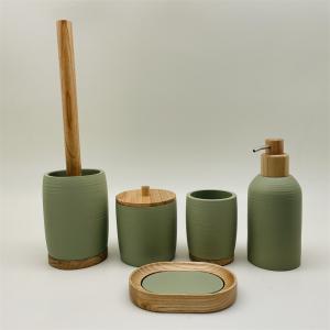 China Green color Polyresin Bath Accessory Set round shape with wooden parts factory