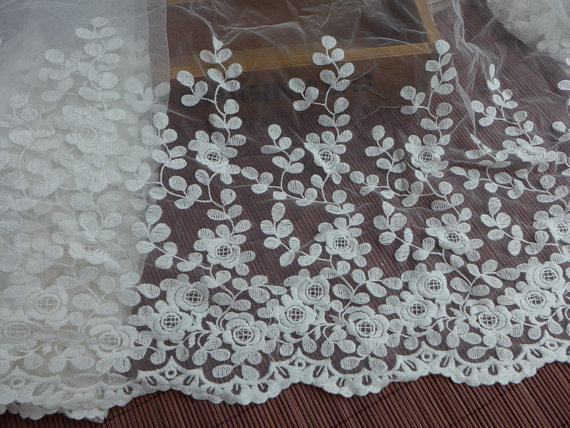 Vintage Embroidered Floral Nylon Lace Trim , 29cm Width Floral Nylon Mesh Trim