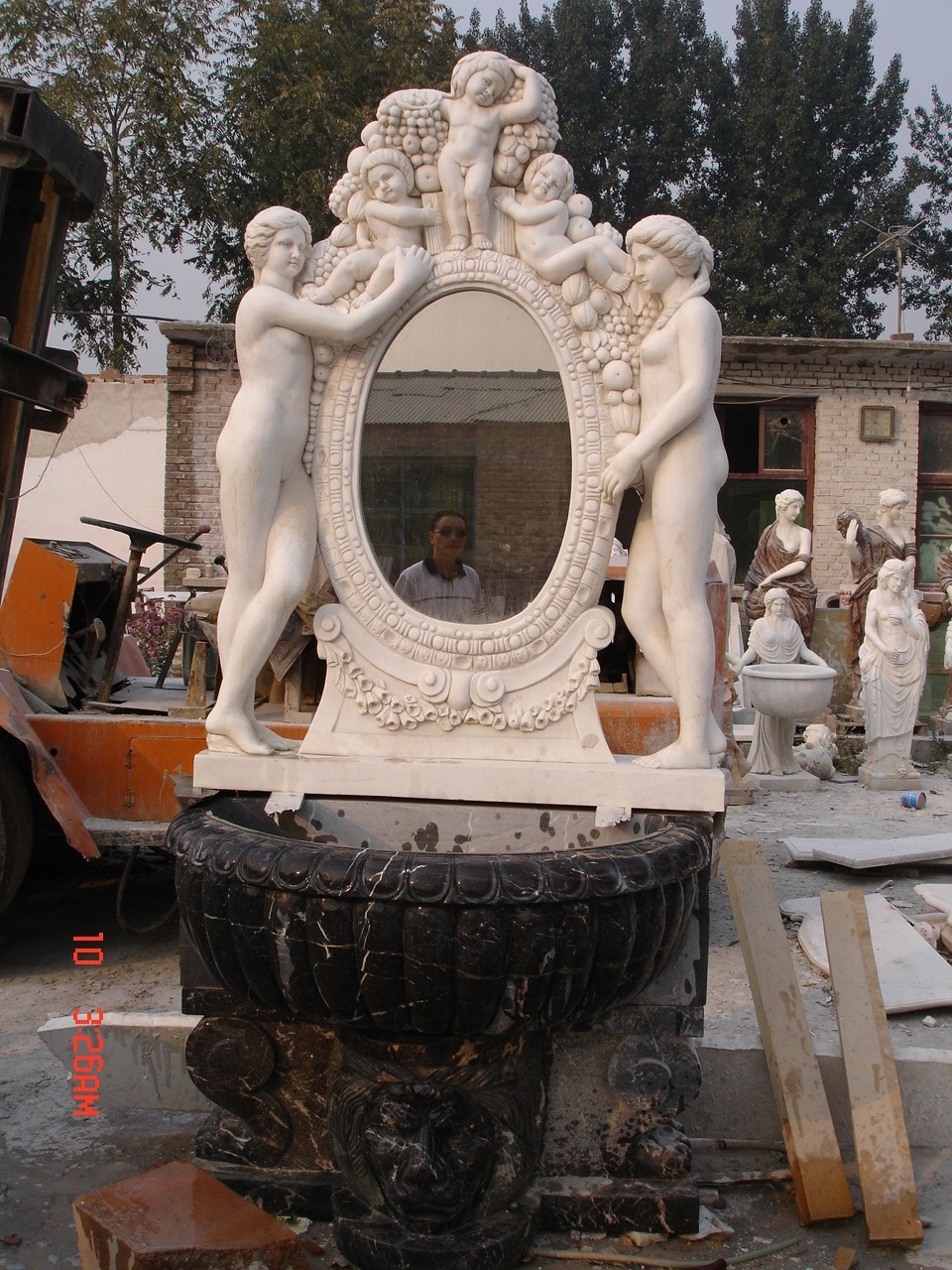 Lotus Flower Carved Pink Marble Stone Wall Water Fountain