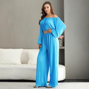 China Polyester Women's Two Piece Jumpsuit Ruched Lantern Sleeve factory