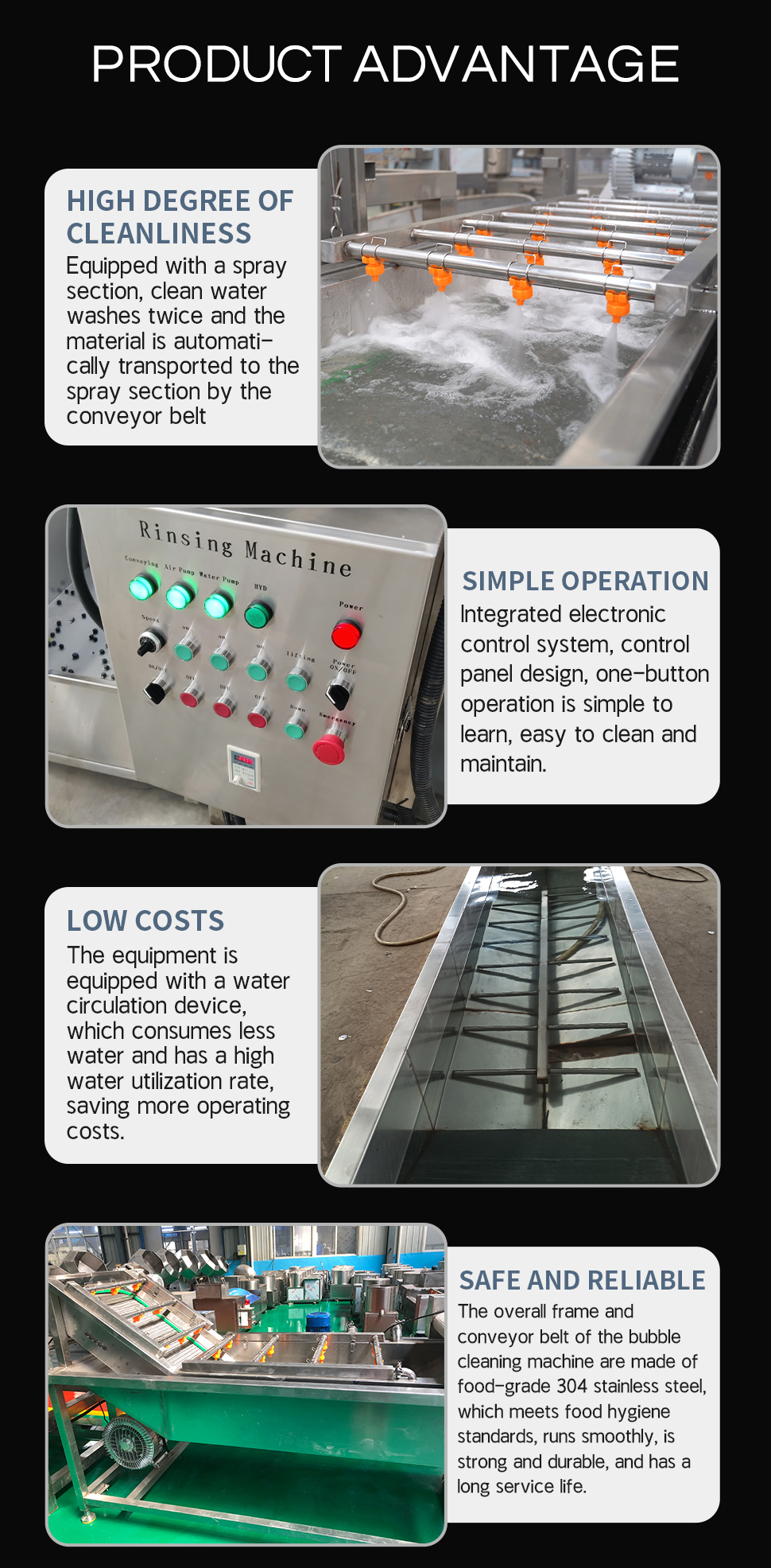 Customized SUS 304 Material Bubble Cleaning Drying Machine for Fruits and Vegetables