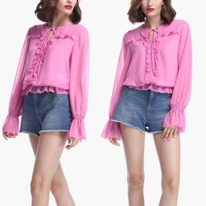 China Women Fashionable Long Sleeve Pink Blouse With Ruffles factory