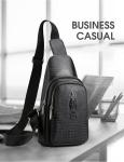 Trendy Black Leather Belt Bag for Men Crossbody Crocodile Grain Travel Fashion
