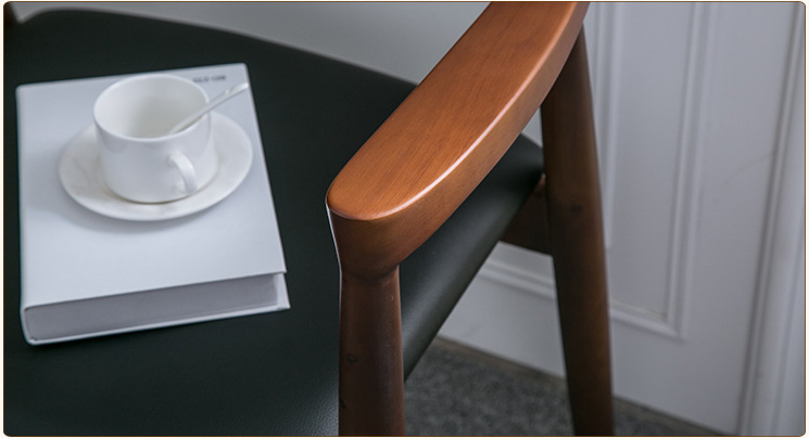 Dining Room and Living Room Contemporary Walnut Colour Wood Armrest Dining Chair with Fabric Leather Seat