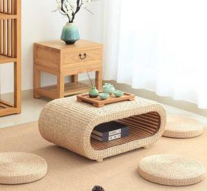 China The Cane Makes Up Tea Table Natural Straw Woven Floor Table factory