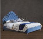 Contemporary Wood Blue Velvet Fabric Double Bed