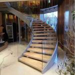 American Oak Treads Curved Tempered Glass For Indoor Wood Arc Stairs