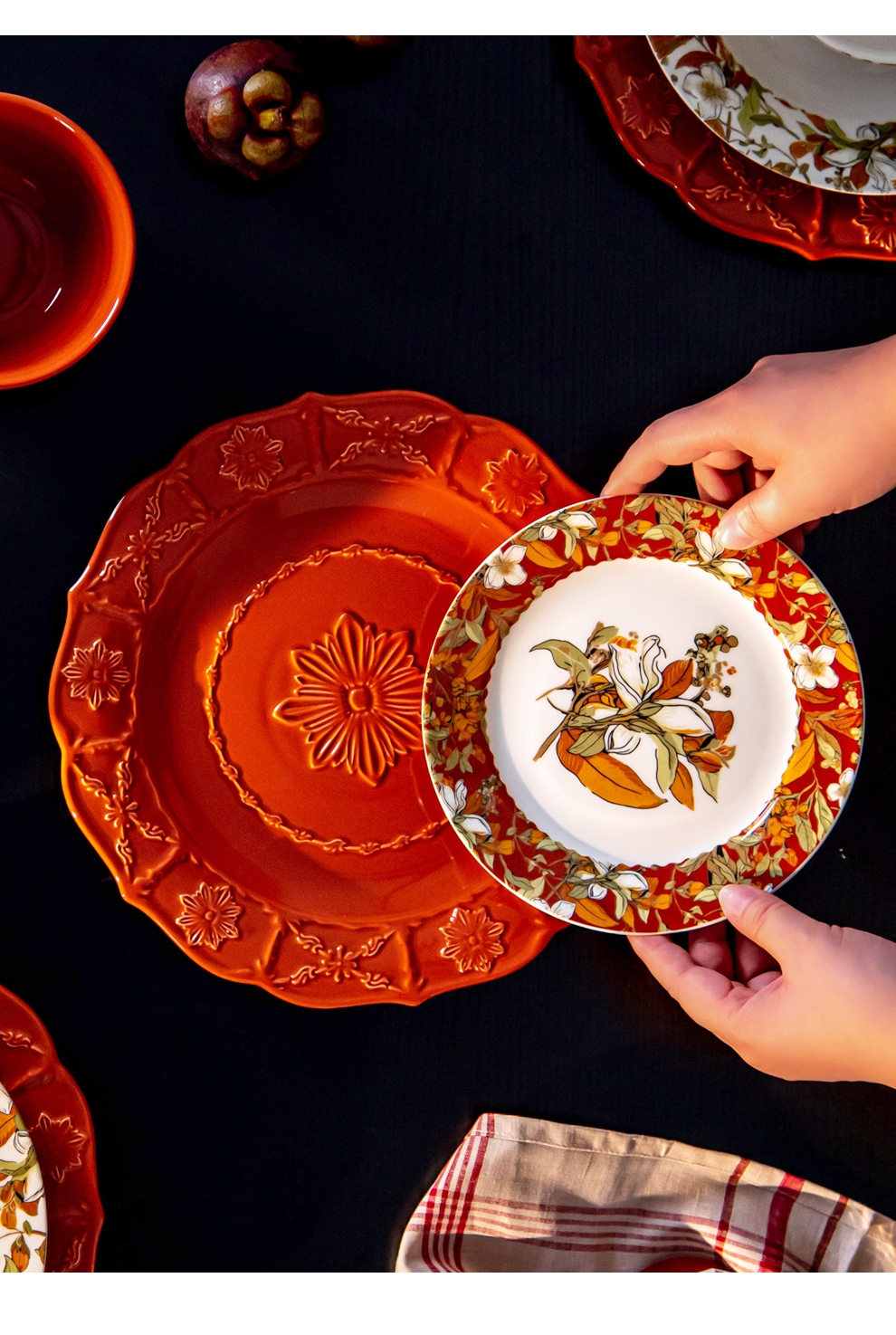 Orange Porcelain Floral Dinner Plates Set in Retro Turkish Style with Vintage Ceramic