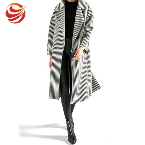 Long Section Stripe Ladies Grey Wool Coat Windproof No Button Closure OEM