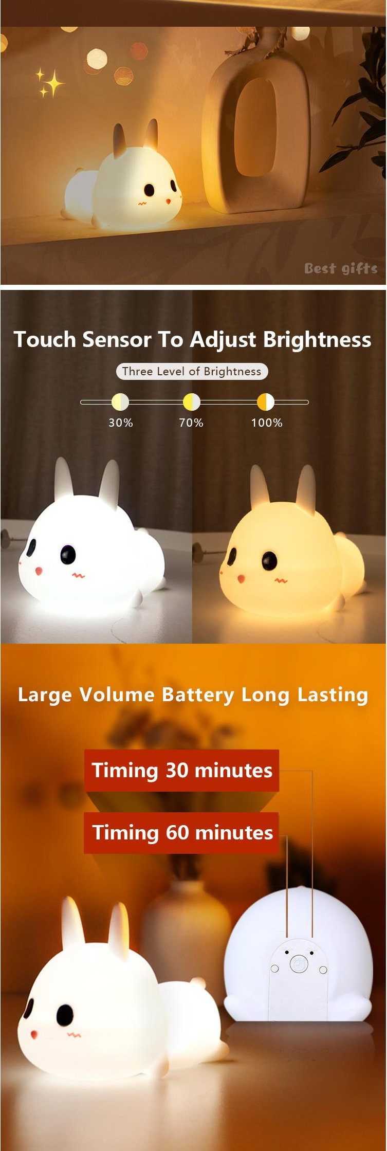 Cute Silicone Rabbit Mood Lamp With Touch Sensor for Kids and Baby LED Light Source