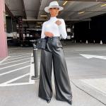 Sexy High Waist Womens Wide Leg Leather Pants Solid Color