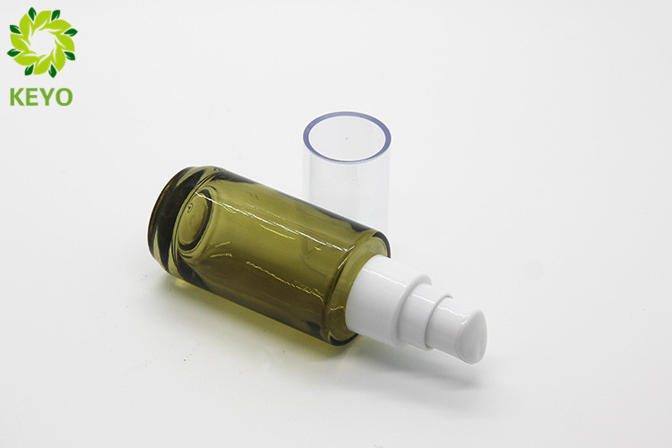 30ml Green Glass Foundation Bottle Round Shape With White Plastic Pump Cap