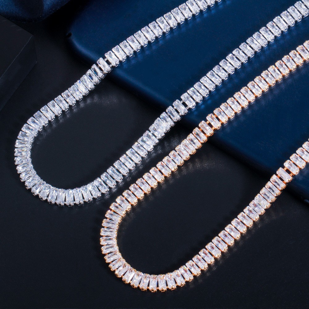 White Gold Color Luxury Bridal CZ Crystal Necklace Dark White Crystal CZ Necklace Earring Silver Wedding Jewelry Sets