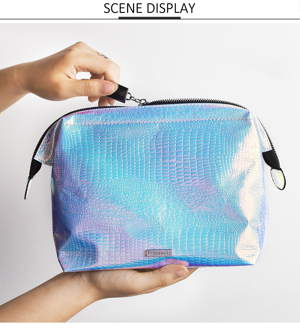 Portable Zippered PU Leather Holographic Cosmetic Bag
