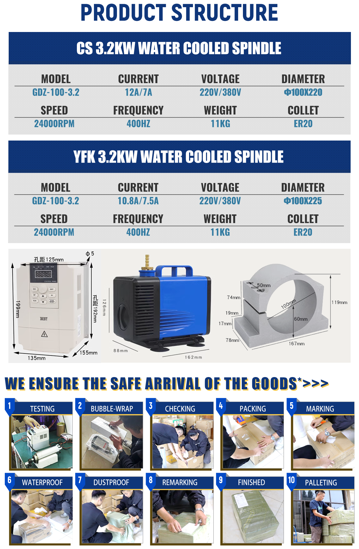 3.2kw ER20 220v/380v Water cooled spindle Wood working D100mm With inverter cnc spindle motor