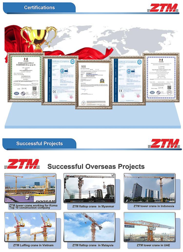 ZTT156 Flattop Tower Crane 8t Capacity 65m Jib Length 1.3t Tip Load With Inclined Ladder Design