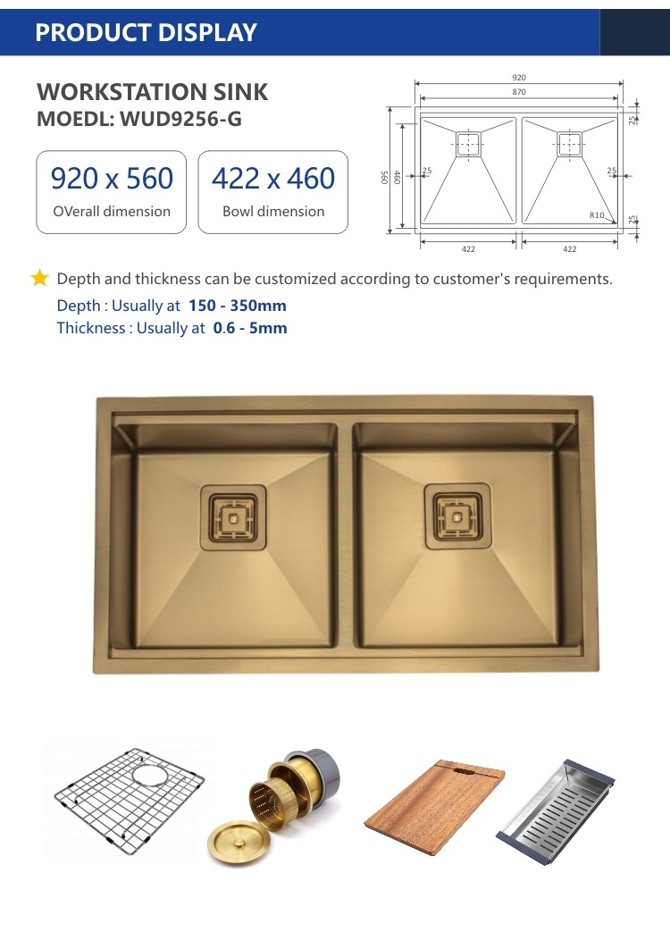 36 Inch Undermount Workstation Sink , Gold Drop In Double Bowl Stainless Steel Sink 92x56