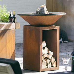 China Rusted Height 100cm Corten Steel Fire Pit Outdoor With Wood Storage factory