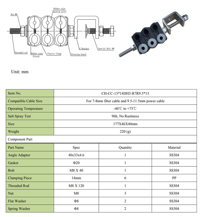 Power and optical cable clamp for Optical cable+3.3/4/6/8.3mm2 RRU Power cable
