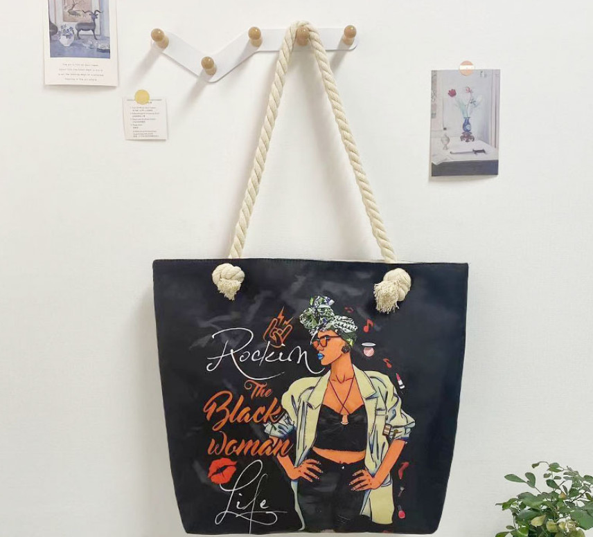 Women Cute Girl Mother Gift Canvas Tote Bag Shopping Black African Style Casual