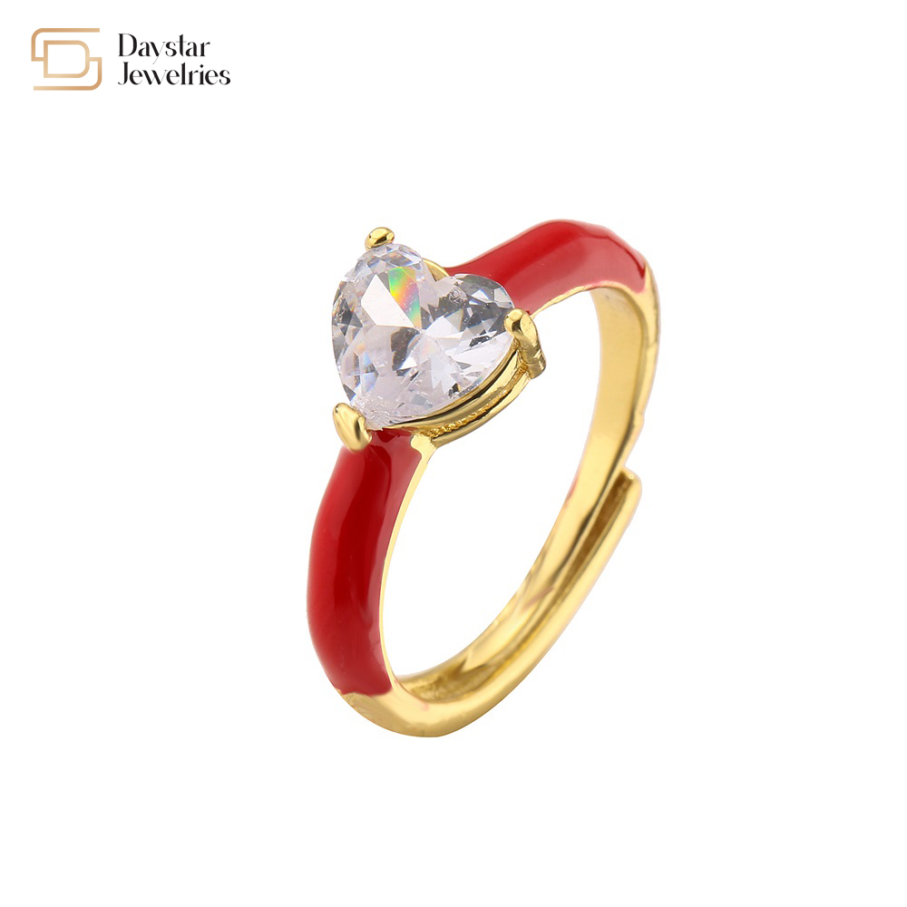 Enamel Heart Diamond Rings , Opening Adjustable Zircon Love Heart Band Ring
