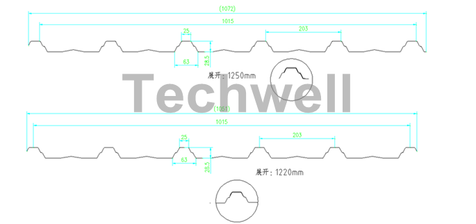Trapezoidal Profile Drawing TW-18-228.5-914 Roof and Wall Cladding Roll Forming Machine With Hydralic Cutting and PLC Control
